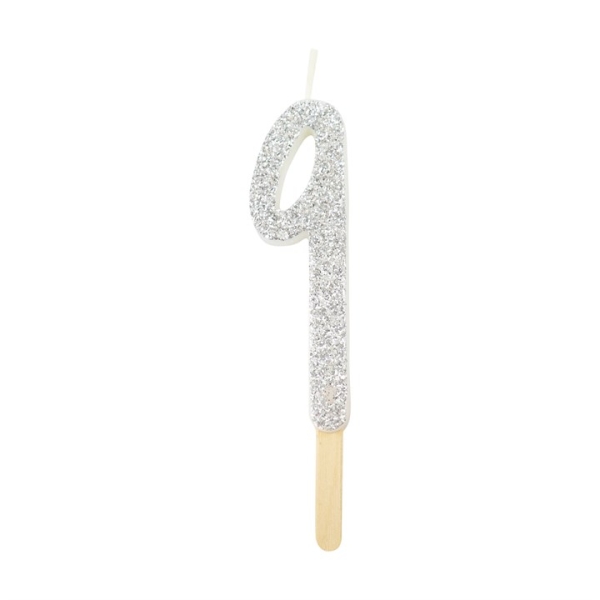 Number Candle - 9 - Glitter Silver